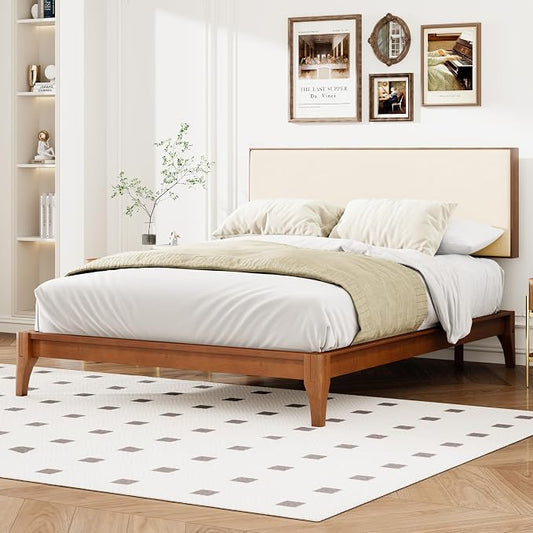 Merax King Size Bamboo Platform Bed, Mid-Century Modern Bed Frame with Upholstered Adjustable Headboard, Wood Slat Support, No Box Spring Needed, Easy Tool-Free Assembly, Brown+Beige