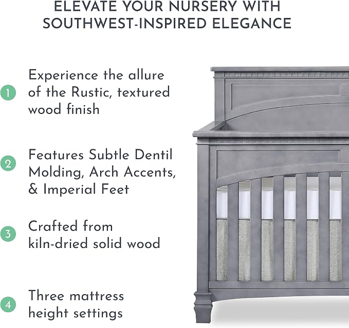Evolur Santa Fe 5-in-1 Convertible Crib in Storm Grey, Greenguard Gold Certified, Features 3 Mattress Heights, Wooden Nursery and Bedroom Furniture, Baby Crib