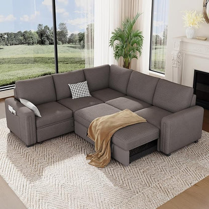 Vesgantti 88.4" Sleeper Sectional Couch with Pull Out Bed, 5 Seater L Shaped Modular Sectional Sofa with Storage, Comfy Corduroy Modular Sofa for Living Room, Bedroom, Apartment, Light Coffee