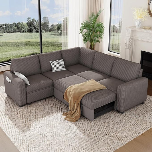 Vesgantti 88.4" Sleeper Sectional Couch with Pull Out Bed, 5 Seater L Shaped Modular Sectional Sofa with Storage, Comfy Corduroy Modular Sofa for Living Room, Bedroom, Apartment, Light Coffee