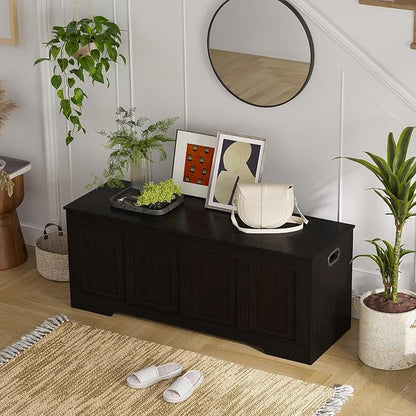 DINZI LVJ Storage Chest, 47.2”Wooden Storage Box with 2 Safety Hinges, Entryway Shoe Bench with Flip-Top, Large Trunk for Living Room, Bedroom, Easy Assembly, Espresso