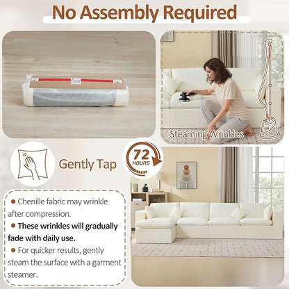 146''Cloud Boneless Sectional Couch, Modular Sectional Sofa Deep Seat with Ottoman, Oversized Upholstered Convertible Comfy 5 Seater Chenille Sofa L Shape Couches for Living Room, Beige