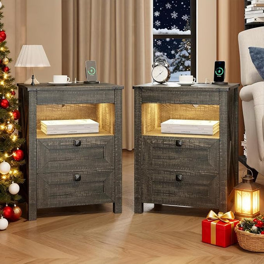 TAGELIER Nightstands Set of 2 with Gun Drawer, Farmhouse Bedside Table with Charging Station, Gun Night Stand with LED Light & Human Sensor, Smart End Table for Bedroom, Rustic Brown