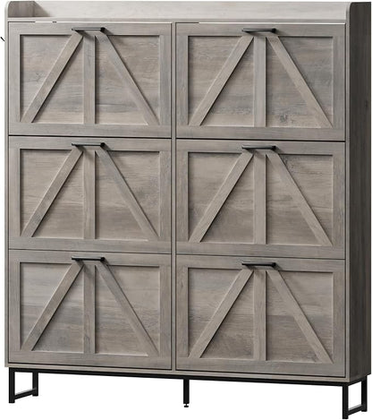 BORNOON Shoe Cabinet with 6 Flip Drawers Narrow Shoe Storage Cabinet Organizer Wooden Freestanding Shoe Rack Hidden Slim Shoes Storage Cabinet for Entryway, Hallway, Living Room, Bedroom