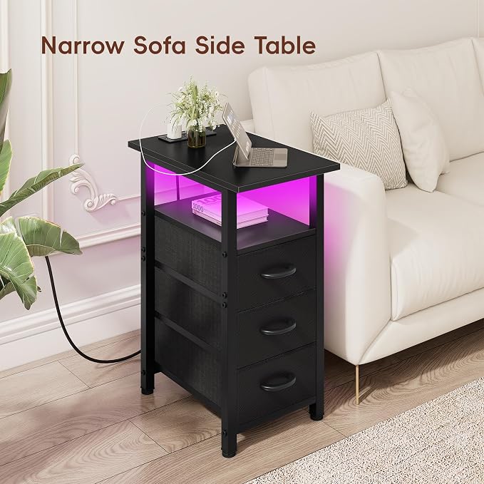 Vagusicc Black Nightstand with Charging Station and LED Lights, Narrow End Table, LED Nightstand with 3 Fabric Drawers for Bedroom, Small Night Stand, Narrow Side Table for Small Spaces, Black