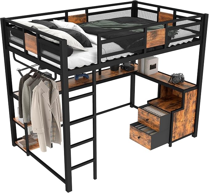 Bellemave Full Loft Bed with Desk & Storage Fabric Drawers, Shelves, Heavy Duty Full Size Metal Loft Bed Frame for Adults & Teens, Space Saving Bed for Small Room, Dorm & Apartment, Black