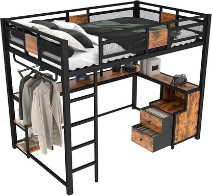 Bellemave Full Loft Bed with Desk & Storage Fabric Drawers, Shelves, Heavy Duty Full Size Metal Loft Bed Frame for Adults & Teens, Space Saving Bed for Small Room, Dorm & Apartment, Black