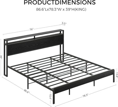 LIKIMIO King Bed Frame with Headboard, Dark Wood Camas King with Strong Supports, Sturdy, Noise-Free, No Box Spring Needed, Black