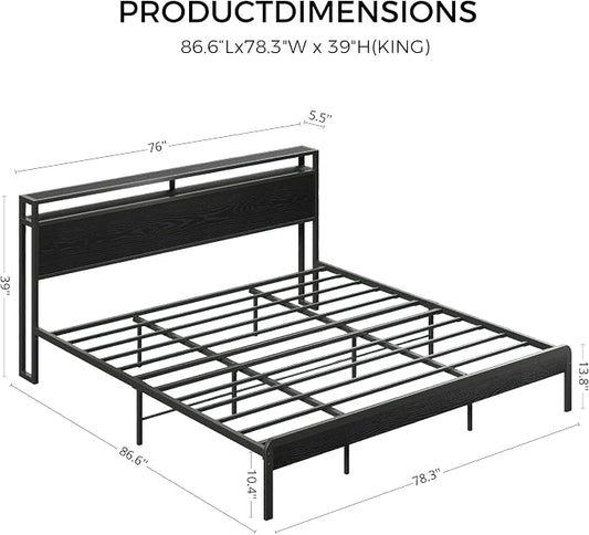LIKIMIO King Bed Frame with Headboard, Dark Wood Camas King with Strong Supports, Sturdy, Noise-Free, No Box Spring Needed, Black