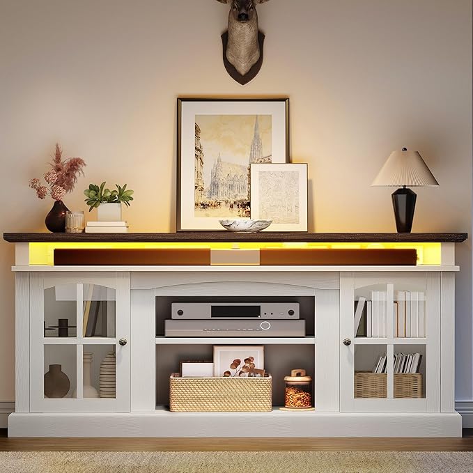 YITAHOME LED Farmhouse TV Stand for 75 Inch w/Outlets, Modern Entertainment Center with Glass Doors and Adjustable Storage Shelves, Media Console TV Cabinet for for Living Room, White/Black