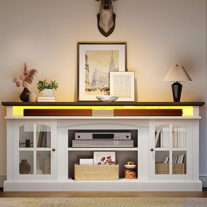 YITAHOME LED Farmhouse TV Stand for 75 Inch w/Outlets, Modern Entertainment Center with Glass Doors and Adjustable Storage Shelves, Media Console TV Cabinet for for Living Room, White/Black