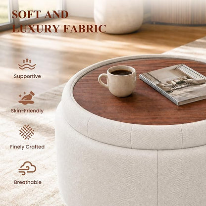 25Inch Round Ottoman with Storage, Tufted Fabric Modern Circle Ottoman with Reversible Tray Lid and Wood Legs, Multi-Functional Small Coffee Table for Living Room, Bedroom, Camel