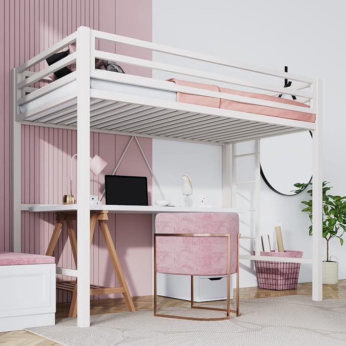 SHA CERLIN Loft Bed Twin Size with Ladder and Guardrail,White | Heavy Duty Metal Slats Support,No Box Spring Needed,Small Space Saving Furniture for Bedroom Dorm