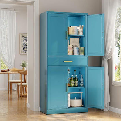Metal Kitchen Pantry Cabinet, 71"Tall Cabinet with 1 Drawer, Doors and 2 Adjustable Shelves, Pantry Cabinets for Kitchen Storage, Metal Storage Cabinet for Kitchen, Dining Room, Living Room- Blue