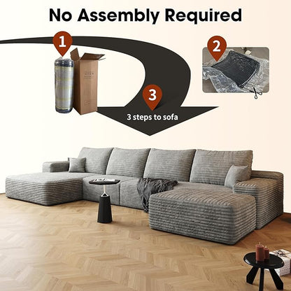 135" U Shaped Sectional Couch with Ottoman, Large Sectional Couches for Living Room, Plush Corduroy Convertible Sleeper Sofa, Compressed Foam Sofa in a Box No Assembly, Left Facing Chaise, Grey