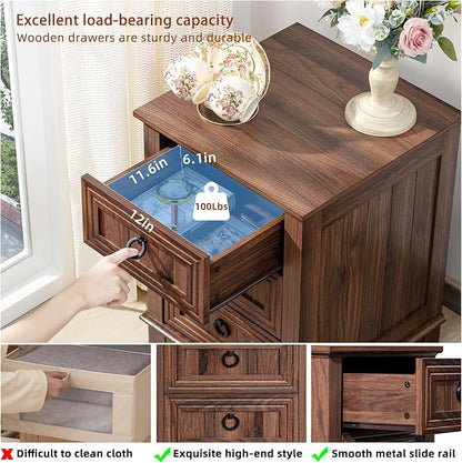 Joaxswe Farmhouse Nightstand Set of 2, 18 Inch End Table with 3 Drawer Metal Handle, Dresser for Bedroom, Sofa Bed Side Table Chest of Drawers,Wood Night Stand Cabinet for Organizer, Living Room-Brown