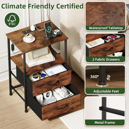 Somdot 2 Drawers Nightstand with Charging Station and LED Light for Bedroom, Small Dresser with Fabric Bins for Bedside Kids Dorm Room Closet Laundry Entryway, Wood Grain Print