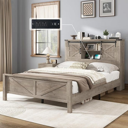 AMERLIFE 4 Pieces Farmhouse Bedroom Set, Includes Full Size Bookcase Headboard Bed Frame, 5 Drawer Tall Dresser, 47'' Dresser with 4 Drawers, 60" Dresser with 4 Drawers, Light Rustic Oak