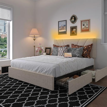 Novilla Full Size Bed Frame, Full Size Bed Frame with Headboard, Full Size Bed Frame with Storage Drawers, Full LED Bed Frame, Charging Station and Adjustable Headboard, No Box Spring Needed, Beige