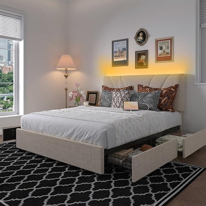 Novilla King Bed Frame, King Bed Frame and Headboard, King Size Bed Frame with Drawers, King Bed Frame with LED Lights, Charging Station and Adjustable Headboard, No Box Spring Needed, Beige