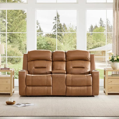 Watson & Whitely Genuine Leather Power Loveseat and Recliner Sofa Set, Lay Flat Reclining Couch with Console, Power Headrest, USB & Wireless Charging, Cup Holders for Living Room, Saddle Brown