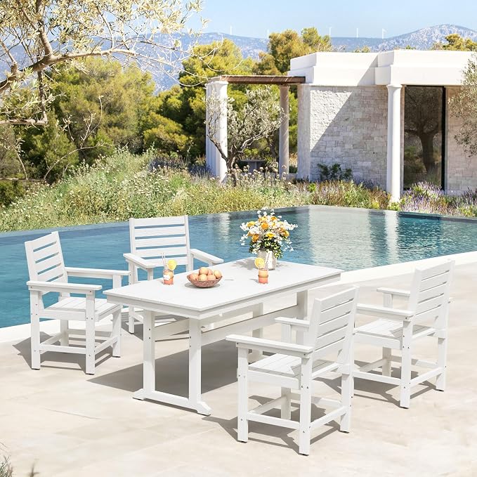 5 Piece Patio Dining Set, 66" Rectangle HDPS Weather Resistant Outdoor Table & 4 Patio Chairs Set with 1.96" Umbrella Hole, Heavy Duty Chairs for Backyard Balcony Deck, White
