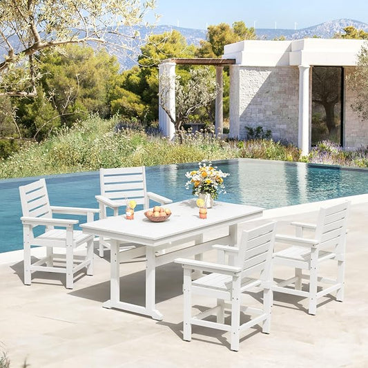 5 Piece Patio Dining Set, 66" Rectangle HDPS Weather Resistant Outdoor Table & 4 Patio Chairs Set with 1.96" Umbrella Hole, Heavy Duty Chairs for Backyard Balcony Deck, White