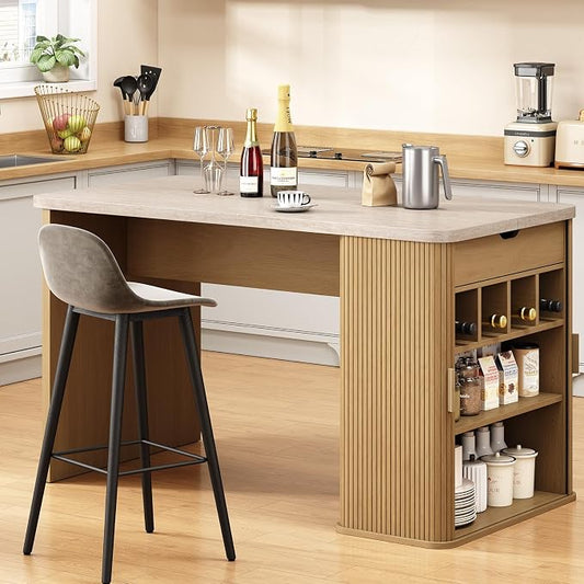 ONBRILL 61 Inch Kitchen Island with Storage, Fluted Counter Height Table, Mid-Century Modern Kitchen Island Table with Sliding Door, Home Bar Tables with Wine Rack and Drawers (Travertine Color)