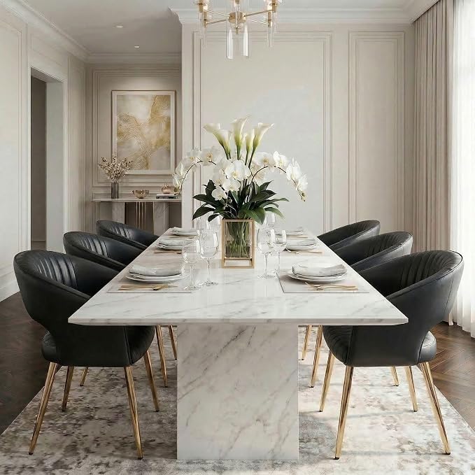 Hyfirm Dining Chairs Set of 6, Black Side Chairs with Hollow Back, PU Leather Upholstered Accent Chairs with Gold Metal Legs, Modern Kitchen Chairs for Living Room Restaurant