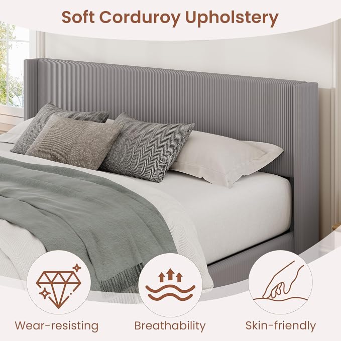 Garvee King Lift Up Storage Bed Frame, Corduroy Upholstered Platform Bed with Gas Lift, Padded Headboard, Wooden Slat Support, No Box Spring Needed, Easy Assembly, Taupe Grey