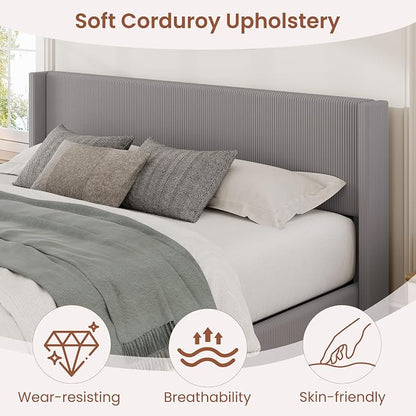 Garvee King Lift Up Storage Bed Frame, Corduroy Upholstered Platform Bed with Gas Lift, Padded Headboard, Wooden Slat Support, No Box Spring Needed, Easy Assembly, Taupe Grey