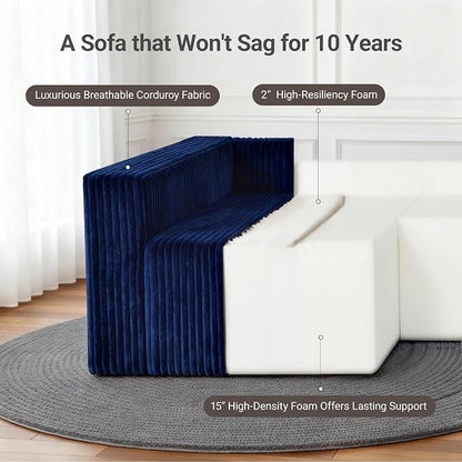 Claiks 128" Modular U‑Shaped Boneless Cloud Couch, Deep Seat Sectional Sofa with Double Chaise, No Assembly Required, Modern Oversized Couches for Living Room, Blue