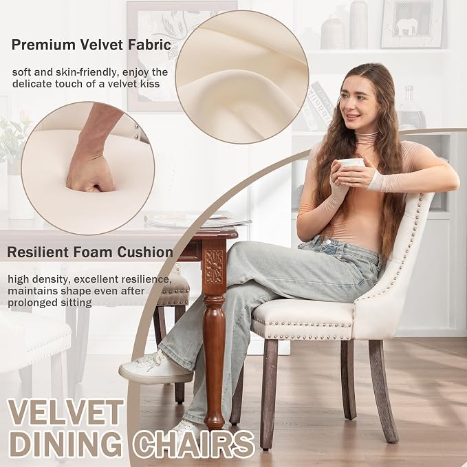 Mid Century Modern Dining Chair Set of 2 Velvet Upholstered Dining Accent Chair Farmhouse Dining Chairs with High Back and Nailhead Trim for Kitchen, Living Room, Bedroom (Beige)