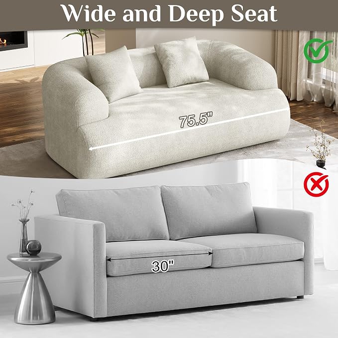 75" Boneless Cloud Loveseat, Modern Cute Curved Chenille Sofa, 2 Seater Compression Couch with 2 Pillows, No Assembly Required for Apartment Living Room, Beige White