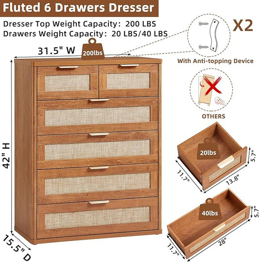 LEYAOYAO Rattan Dresser for Bedroom, 41" Tall Chest of Drawers, Modern 6 Drawers Boho Dressers with Storage, Vintage Brown Dresser Wooden Closet Organizer for Living Room, Hallway