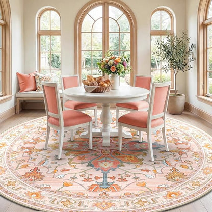 RELEANY Area Rugs Round 10ft Washable Non-Slip, Floral Vintage Distress Medallion Carpet for Living Room Bedroom Dining Room, Light Pink Colorful
