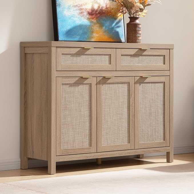 SICOTAS Rattan Sideboard Buffet Cabinet with Storage, Boho Credenza Accent Cabinet with 3 Doors and 2 Drawers, Farmhouse Console Coffee Bar for Kitchen, Living Room, and Entryway, Light Oak