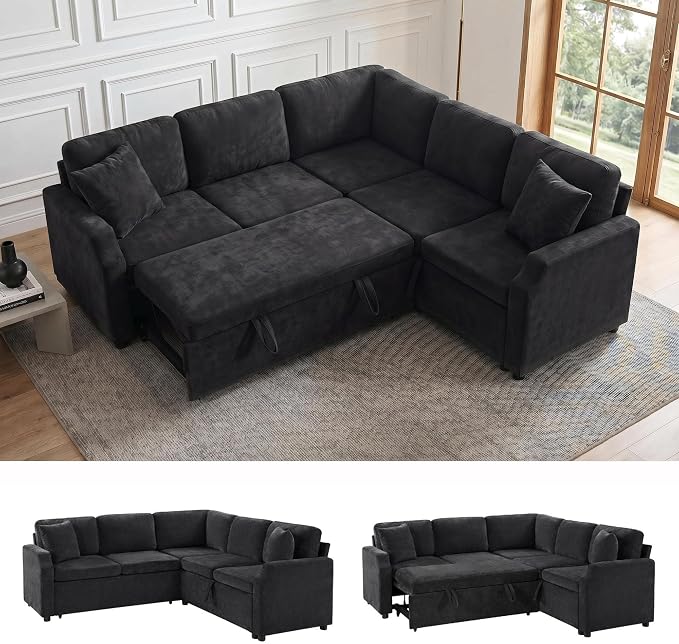 ROCANT 82 inch Modular Sectional Couch with Pull Out Bed, 5-Seat L-Shaped Chenille Sleeper Sofa with Reversible Chaise and 2 Pillows, Black