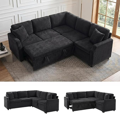 ROCANT 82 inch Modular Sectional Couch with Pull Out Bed, 5-Seat L-Shaped Chenille Sleeper Sofa with Reversible Chaise and 2 Pillows, Black