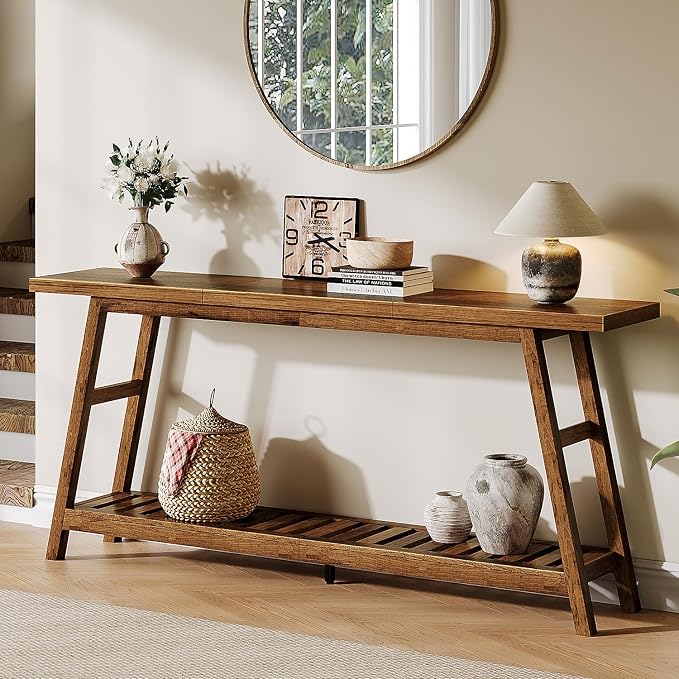 ChooChoo 70.9 Inch Long Console Tables for Entryway, Wood 2-Tier Entry Hallway Table, Narrow Sofa Table Behind Couch Table for Living Room, Entrance, Walnut