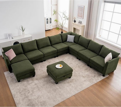 150.4" Large Sectional Couches for Living Room, 8 Seater L Shaped Modular Sectional Sofa with Two Storage Ottomans & USB, Oversized Corner Couch for Living Room（Green）