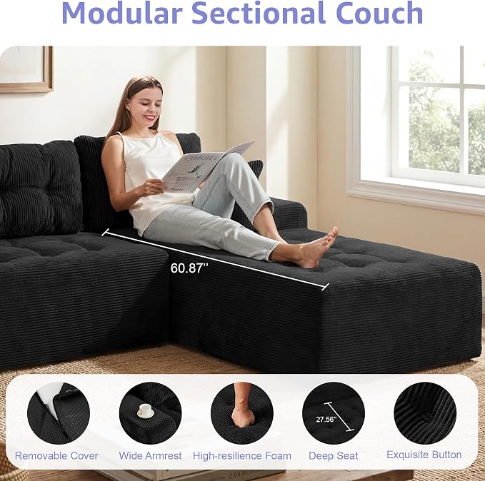 Hobestluk Modular Sectional Sofa Couches L-Shape Couch 3 Seat Modular Sofa Memory Foam Sectional Couches for Living Room, Cloud Couch (Ebony Corduroy, 108", Right Hand Facing)