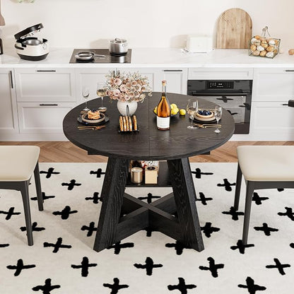 43.3in-59in Extendable Dining Table for 4-6, Round Kitchen Dining Room Table with Removable Leaves Space Saving, Space Saving, Wooden Cross Base with Storage Shelf for Kitchen Living Room (Black)