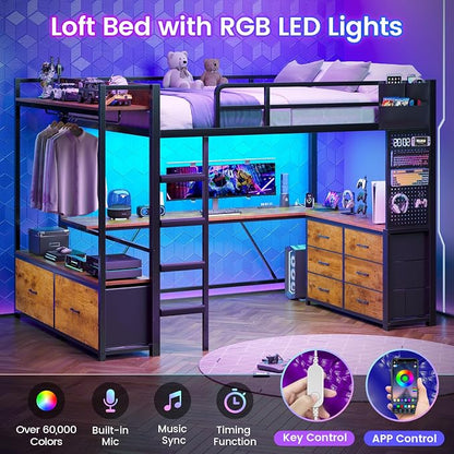 Itaar Twin Loft Bed with L-Shaped Desk & 8 Storage Drawers, Metal Kids Twin Loft Bed with Led Lights, Charging Station, Hall Tree, Safety Guard & Ladder, No Box Spring Needed, Rustic Brown