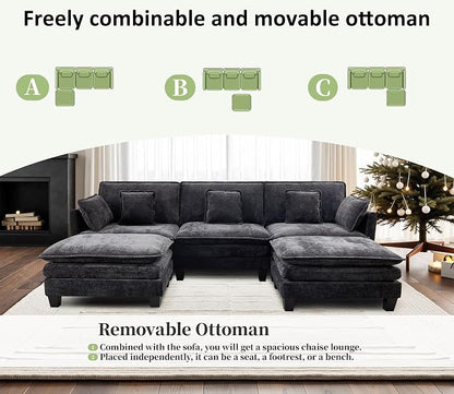Opiesit Ottoman for Sectional Cloud Couch, Chenille Ottoman for Deep Seat Modular Sofa for Apartment, Living Room and Bedroom, Black