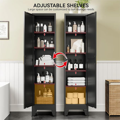 COFaR 67" Metal Pantry Cabinet, Black Storage Cabinet with Magnetic Door & 4 Adjustable Shelves, Slim Freestanding Cupboard for Office, Kitchen, Bathroom