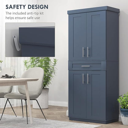 HOMCOM 72" Kitchen Pantry Cabinet, Freestanding Tall Storage Cabinet with 4 Doors, Drawer and 3 Adjustable Shelves for Dining Room, Navy Blue