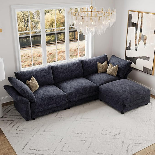 DreamDashio 126" Extra Large Modular Sectional Sofa Cloud Couch with Storage Seat for Living Room with Adjustable Arm, High Back, 4 Seater, L Shaped, Dark Grey Chenille
