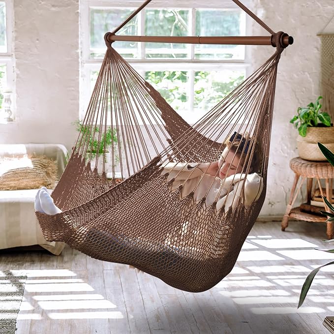 Upgraded Caribbean Hammock Chair with Detachable Metal Bar, Large Hammock Swing Chair, XL Rope Hanging Chair for Outdoor Indoor, 330 LBS Weight Capacity, SaddleBrown