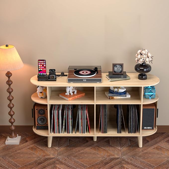 LUVIOHOME Large Round Record Player Stand with Charging Station & USB Ports，Record Storage Cabinet, Mid Century Modern Turntable Stand for Bedroom Living Room (Oak)